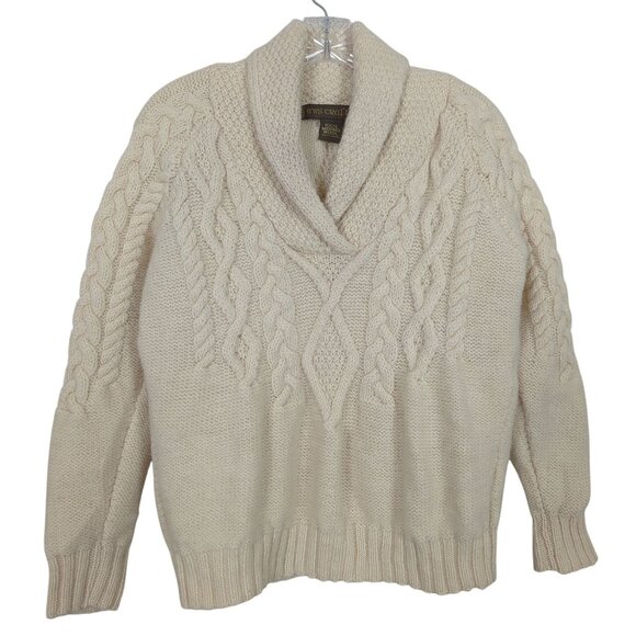 Inis Crafts Womens Ivory Sweater Size L‎ Shawl collar Cable Knit Irish Fisherman - Picture 1 of 14